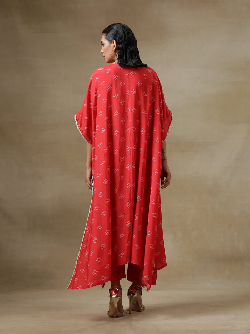 Red Bandhani Printed Silk Panel Kaftan Kurta Pant Set