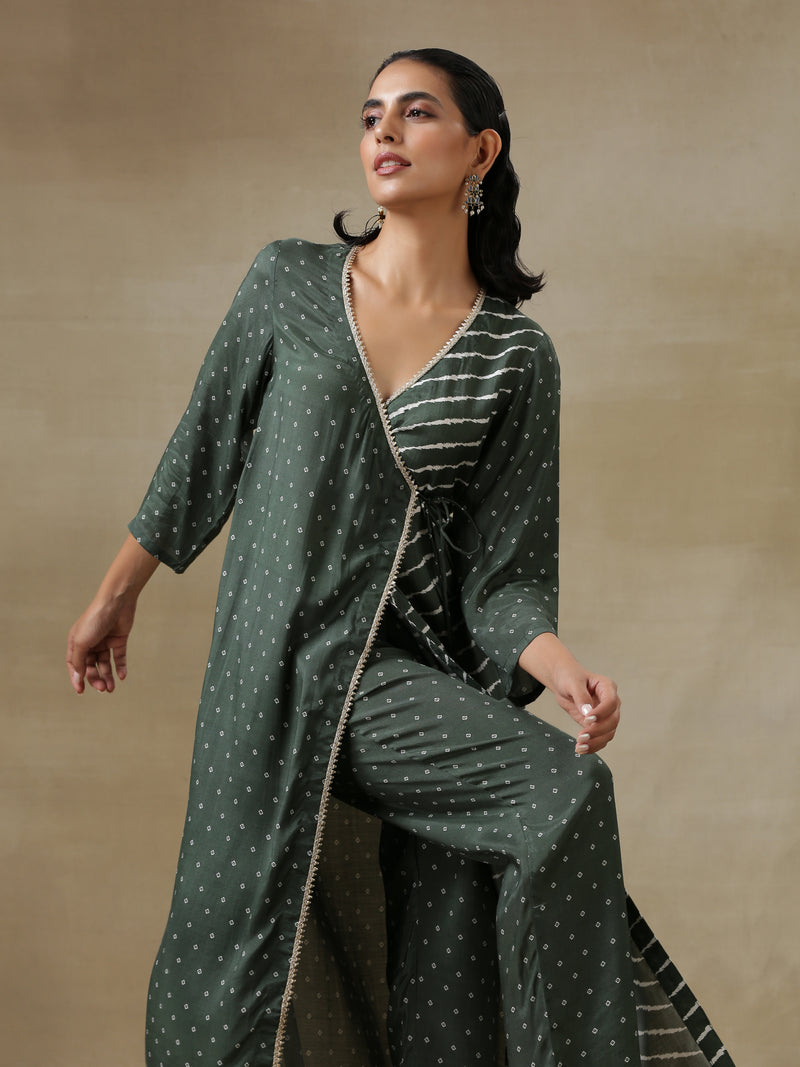 Dark Green Bandhani Printed Silk Angrakha Kurta Pant Set