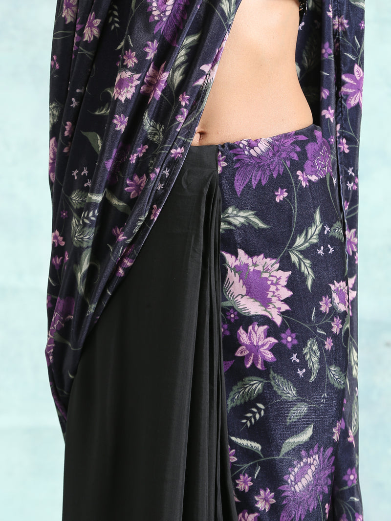 Black Printed Velvet Pre-Stitched Saree