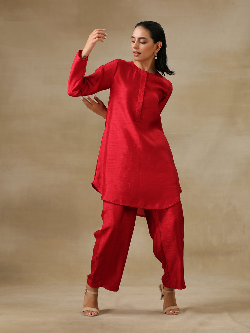 Maroon Textured Silk Front Placket Co-Ord Set