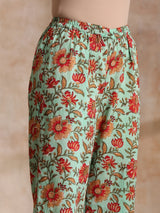 Seafoam Green Overall Floral Block Print Cotton Angrakha Pant Set