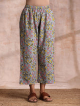 Grey Overall Floral Block Print Cotton Sleeveless Flared  Kurta Pant Set
