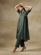 Dark Green Bandhani Printed Silk Side Gathered Kurta Pant Set