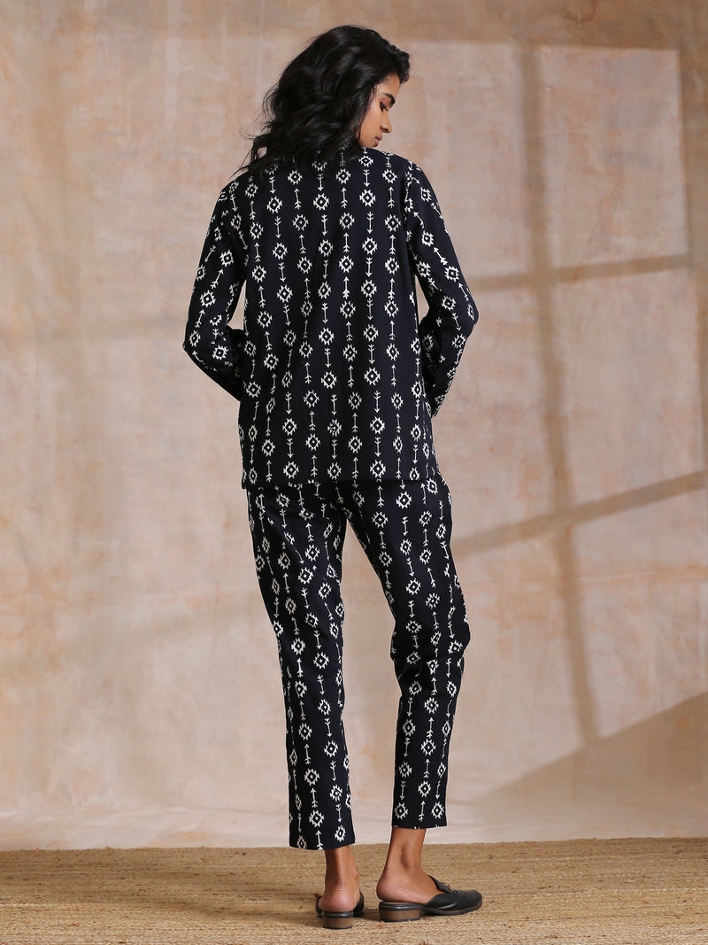 Black White Geometric Print Cotton Pant Suit Set