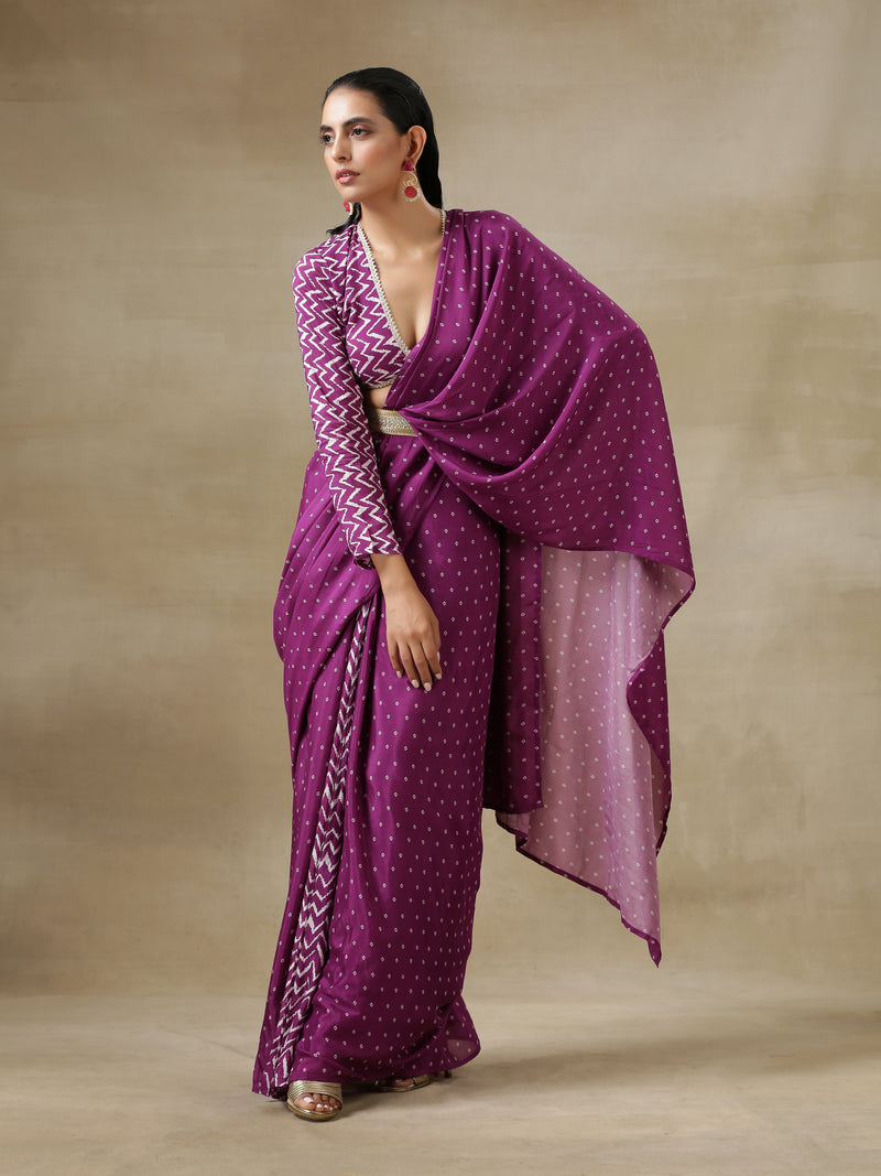 Purple Bandhani Printed Silk Pre-Pleat Stitched Saree with Belt