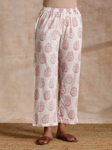 Pink Big Buta On White Print Cotton Angrakha Kurta Pant Set