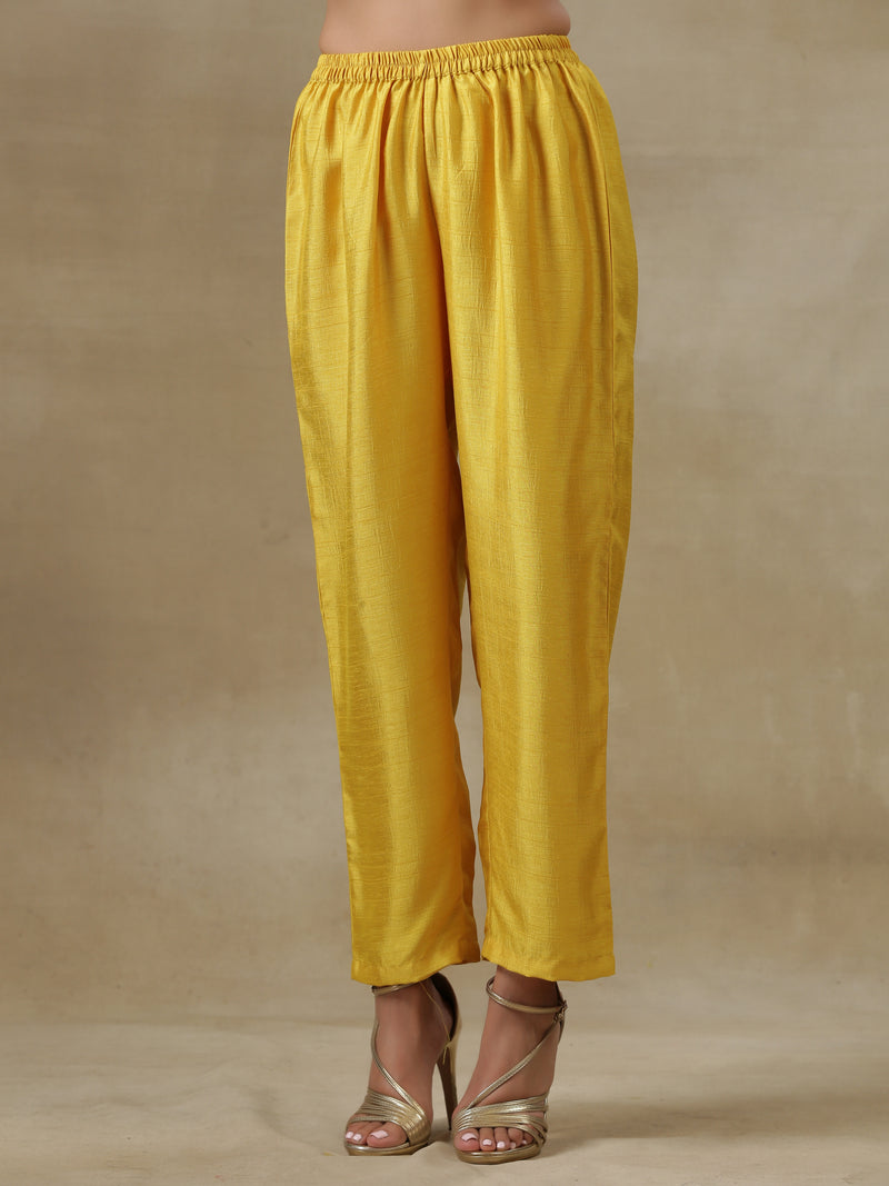 Yellow Textured Silk Overlap Pleat Kurta Pant Set