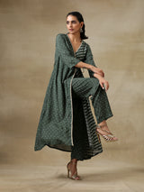 Dark Green Bandhani Printed Silk Angrakha Kurta Pant Set