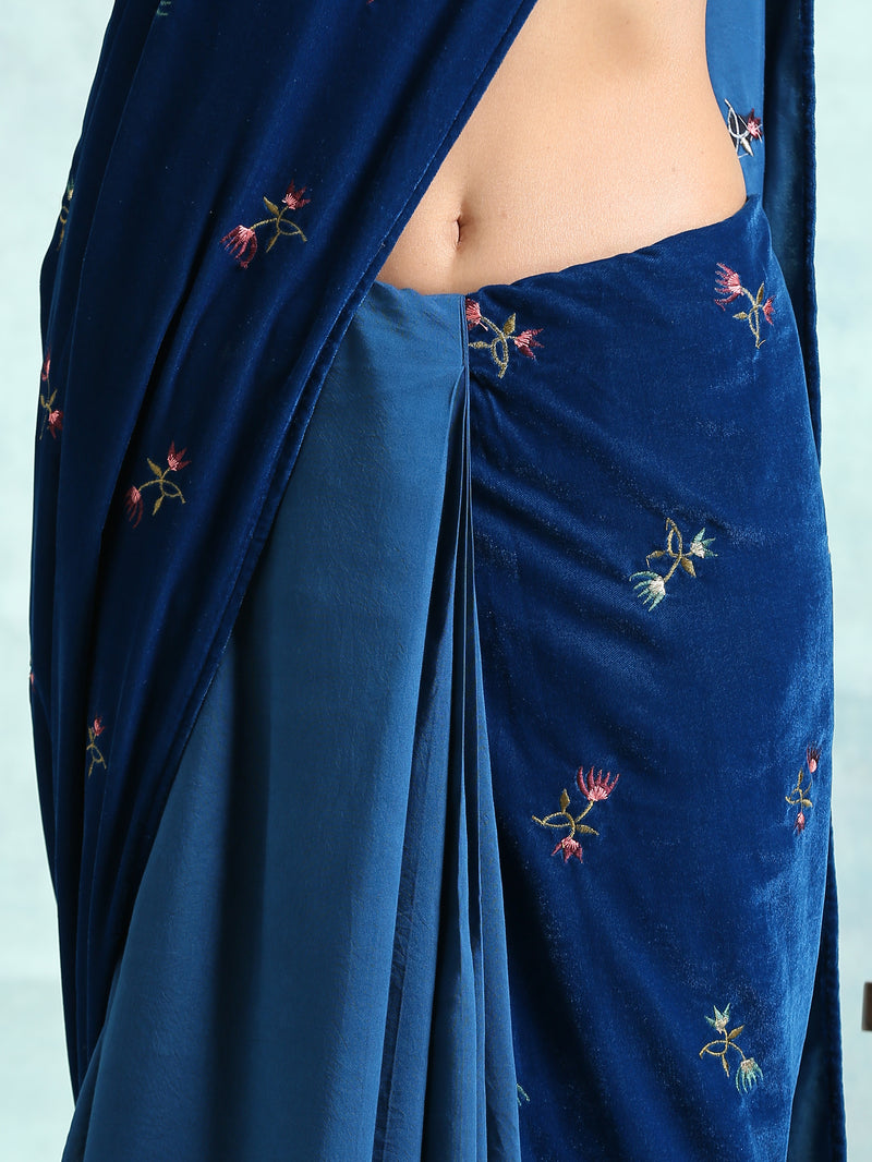 Blue Embroidered Velvet Pre-Stitched Saree