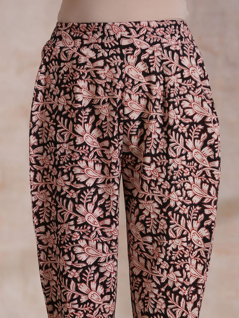Black Floral Overall Bagru Print Cotton Pant Suit Set