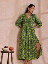 Lime Green Overall Blue Floral Block Print Cotton Wrap Dress