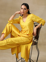 Yellow Textured Silk High Slit Gathered Kurta Set