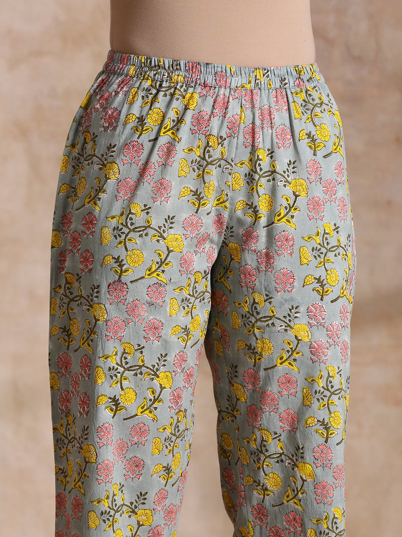 Grey Overall Floral Block Print Cotton Angrakha Kurta Pant Set