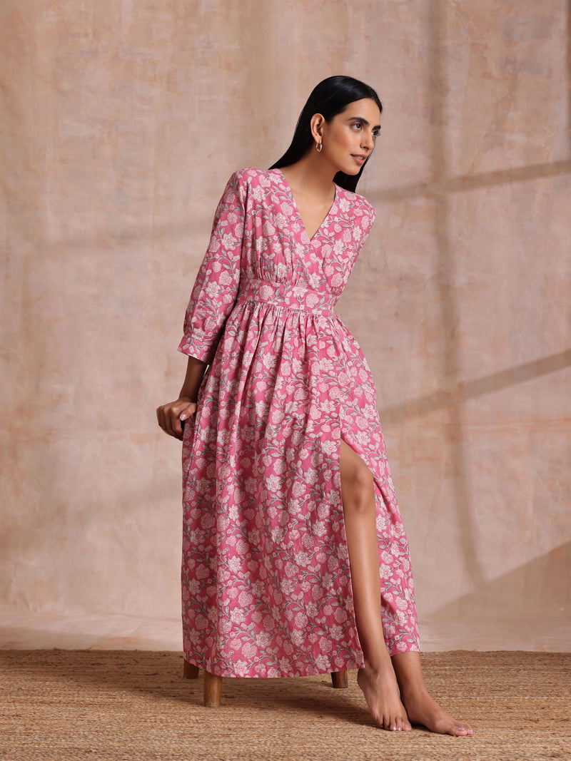 Pink Overall Floral Block Print Cotton Wrap Dress