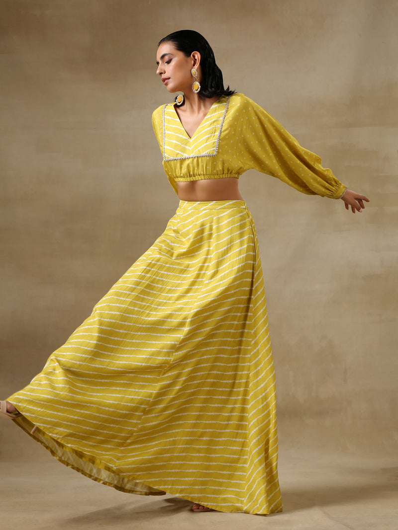 Lime Green Bandhani Printed Silk Top Skirt Set
