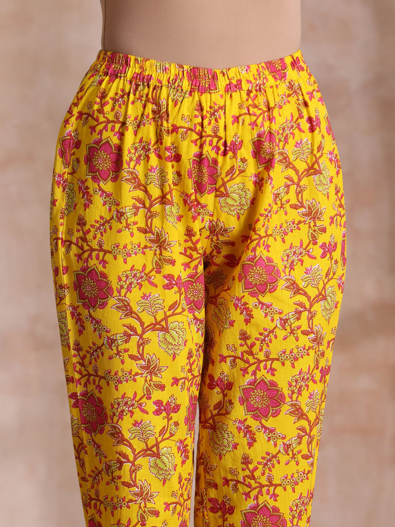 Sunshine Yellow Overall Floral Block Print Cotton Kurta Pant Dupatta Set