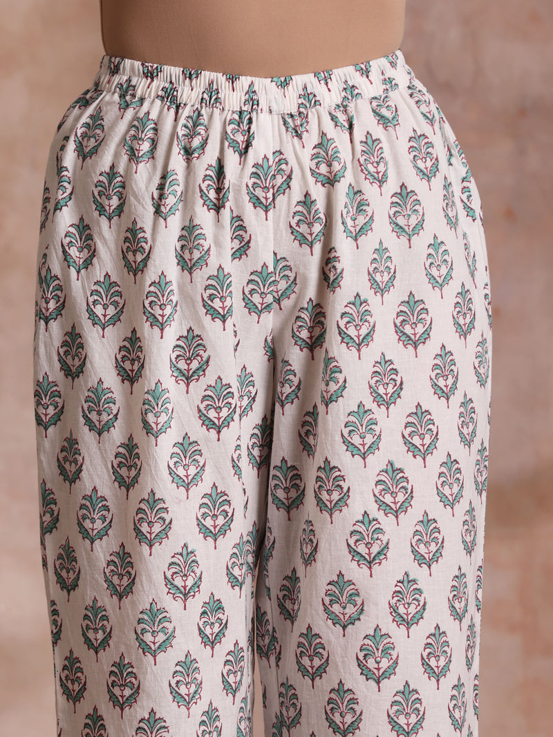 Tiffany Blue Floral Block Print Cotton Front Neck Gathered Kurta Pant Set