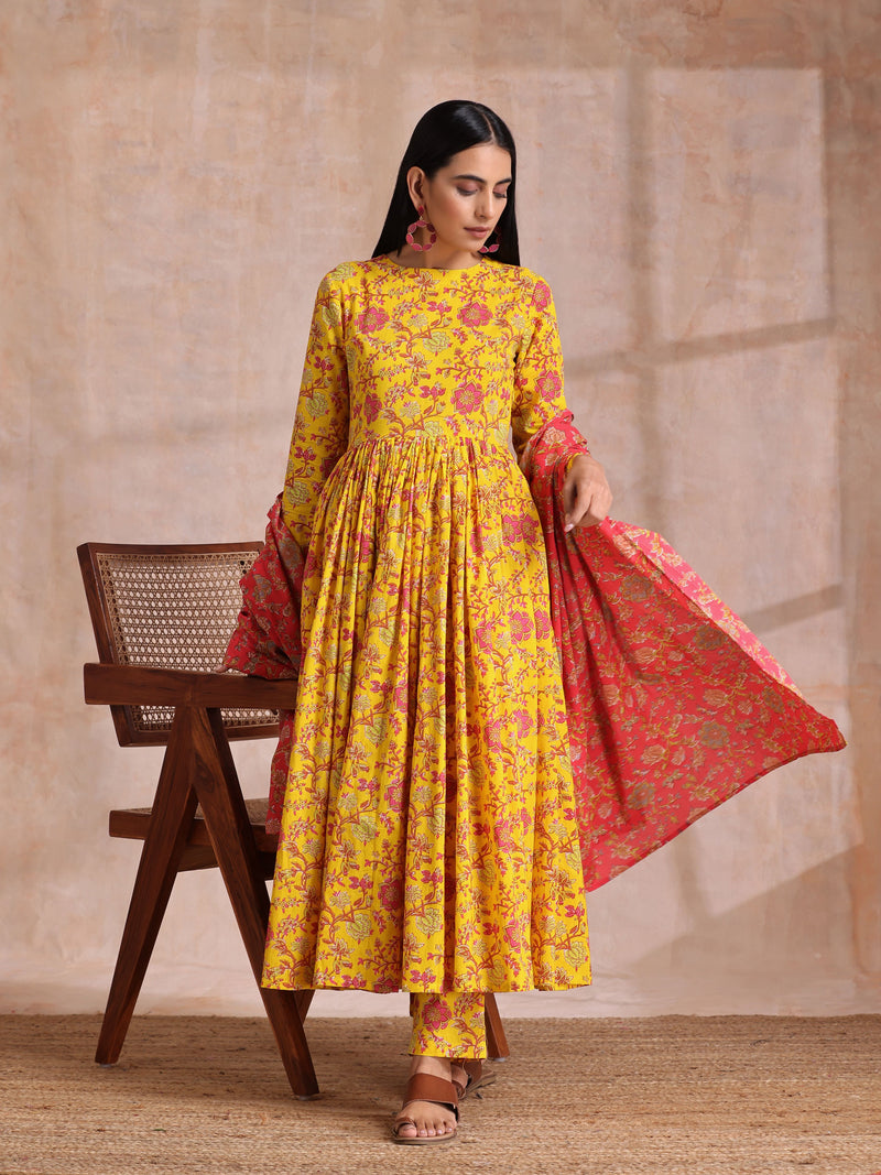 Sunshine Yellow Overall Floral Block Print Cotton Kurta Pant Dupatta Set