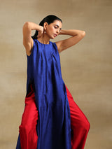 Blue Textured Silk Sleeveless Kurta Pant Set