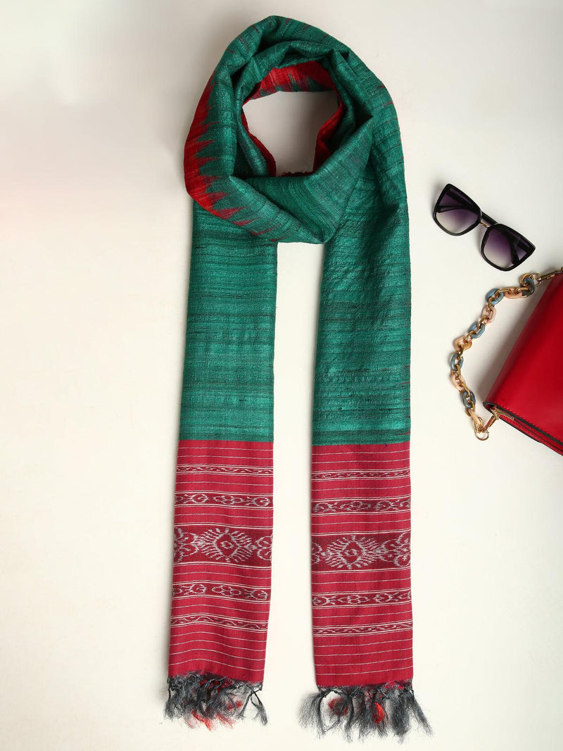 Green and Red Handwoven Pure Tussar Silk and Ghicha Stole - trueBrowns