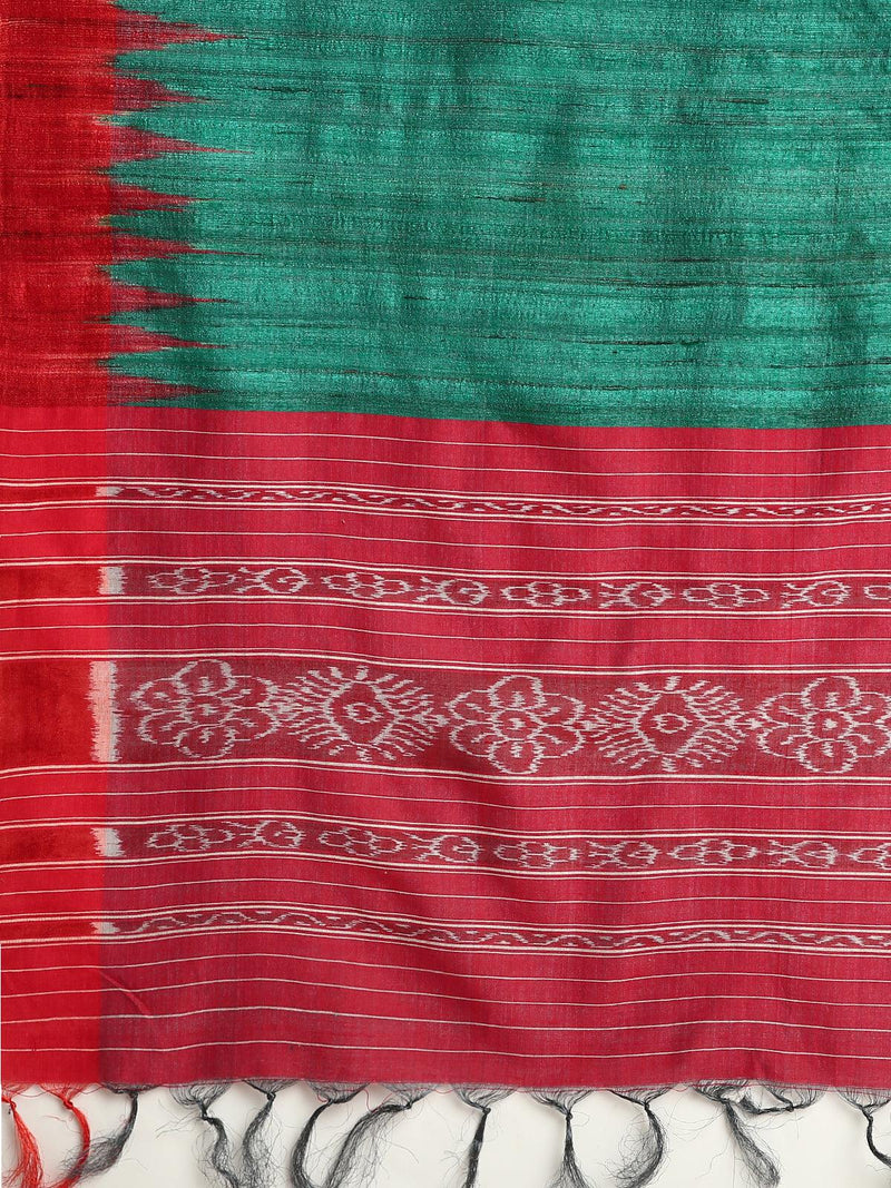 Green and Red Handwoven Pure Tussar Silk and Ghicha Stole - trueBrowns