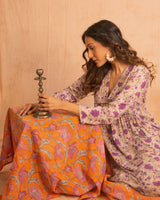 Purple Hand Block Printed Flared Silk Kurta Pant Dupatta Set - trueBrowns
