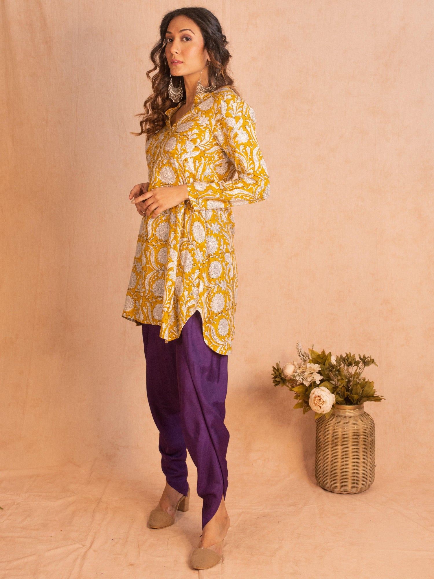 Yellow Hand Block Printed Short Silk Kurta Dhoti Pant Set - trueBrowns