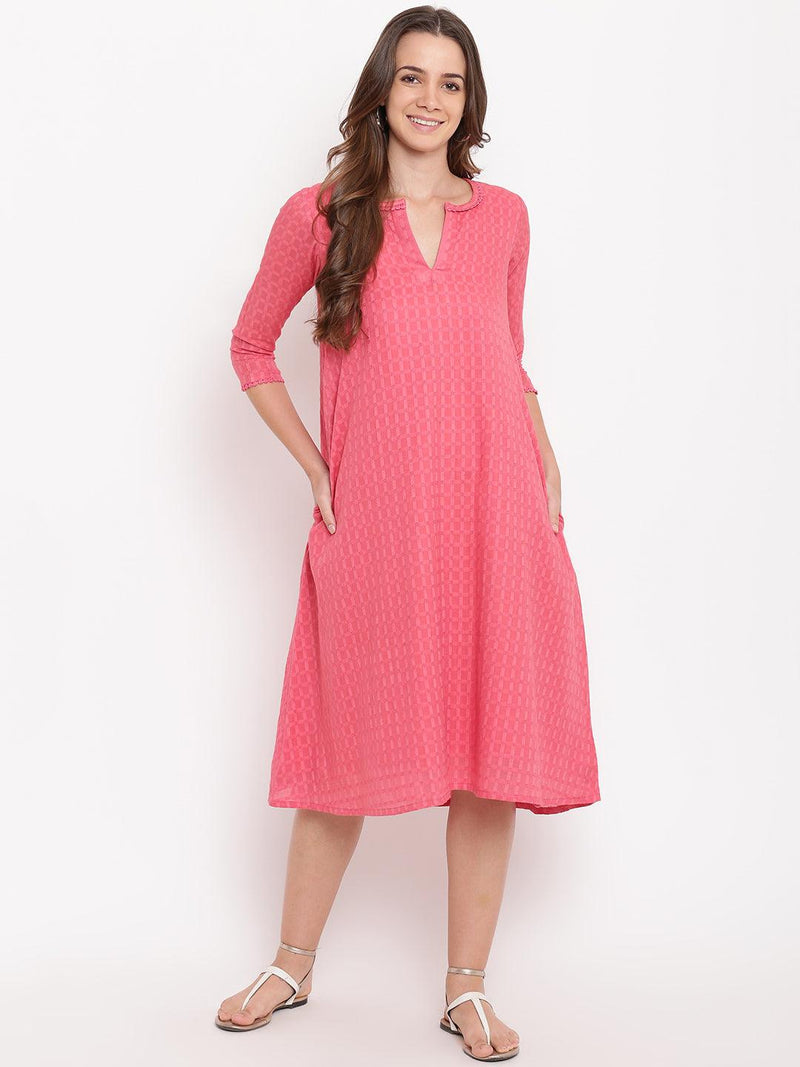 Brick Pink Dobby Grid Flared Dress - trueBrowns
