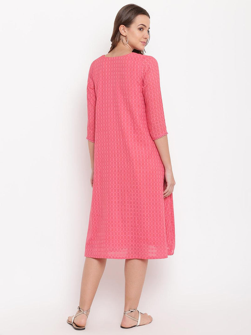 Brick Pink Dobby Grid Flared Dress - trueBrowns