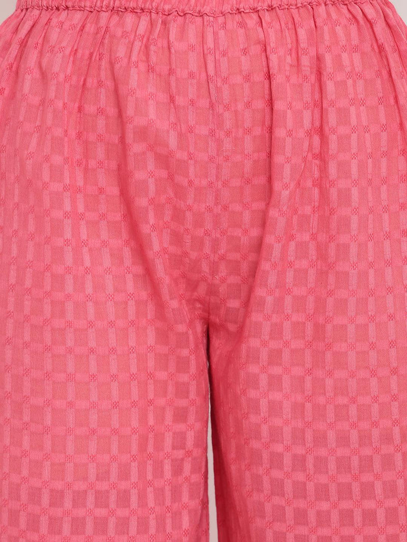 Pink Dobby V-Asymmetric Kurta- Contrast Palazzo - trueBrowns