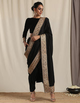 Black Crinkle Ready to Wear Embroidered Saree - trueBrowns