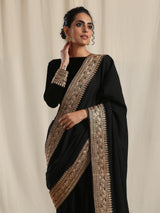 Black Crinkle Ready to Wear Embroidered Saree - trueBrowns