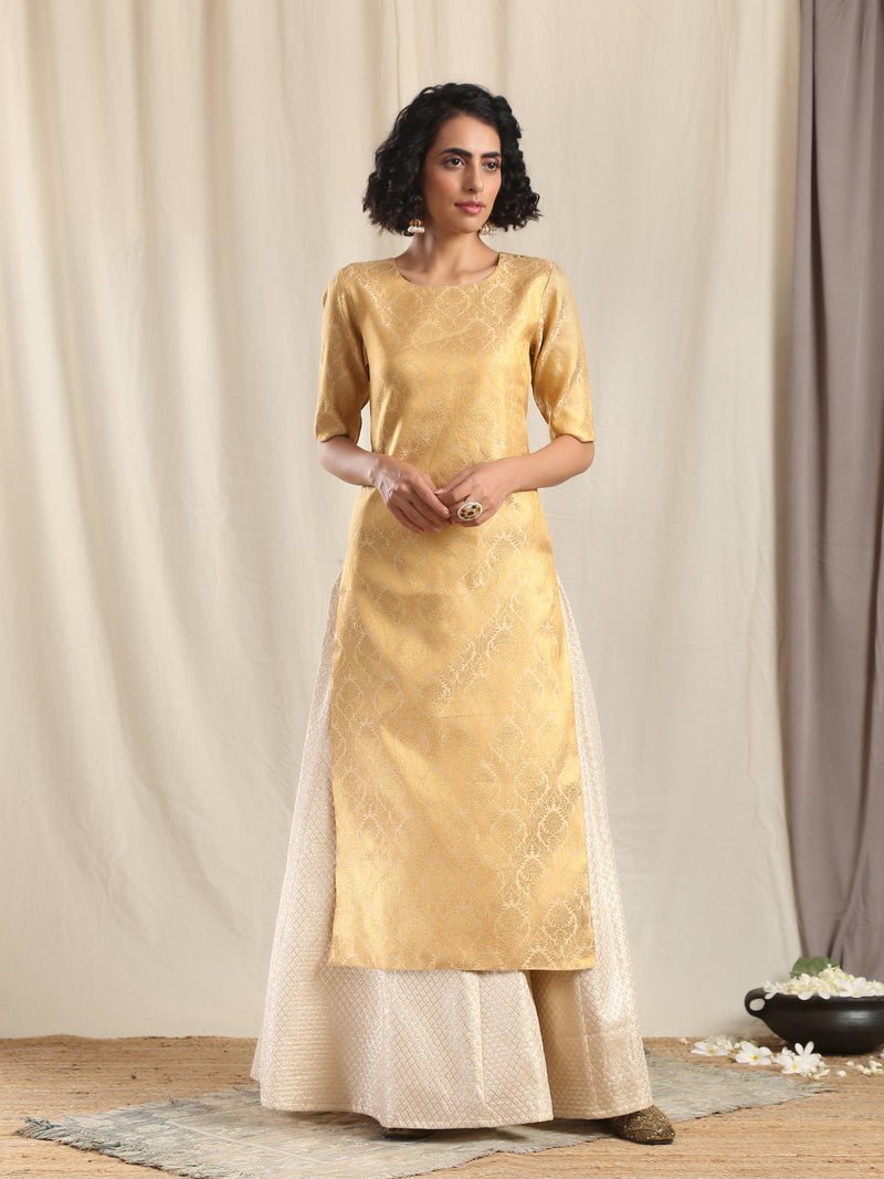 Ivory Gold Brocade Slit Kurta Skirt Set - trueBrowns