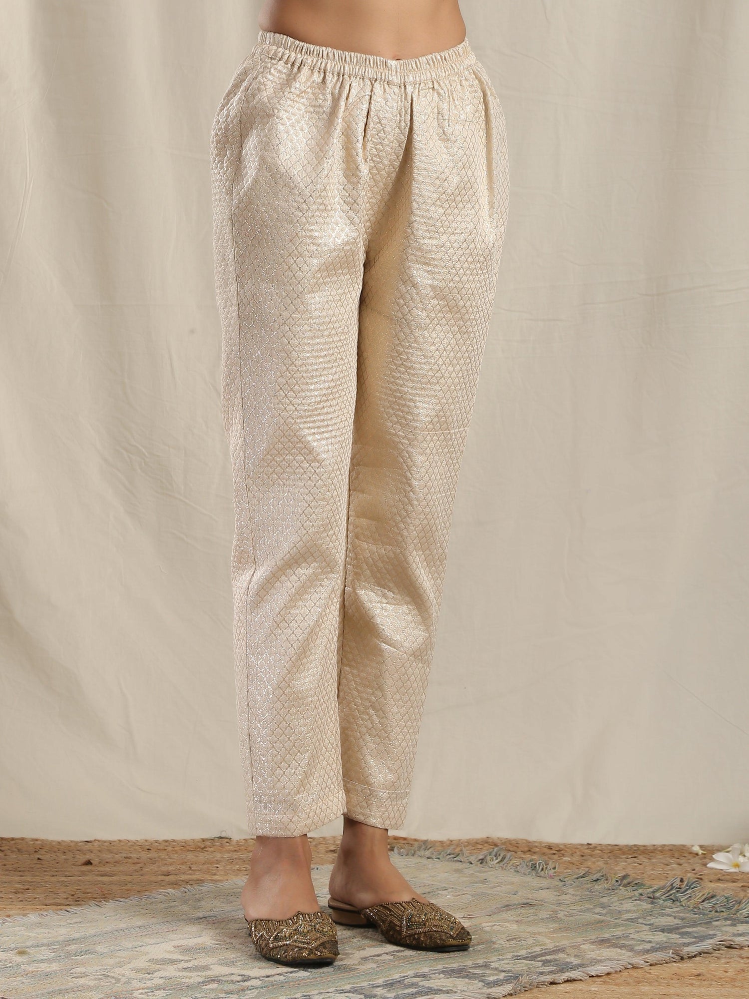 White Gold Modal Silk Asymmetric Kurta Pant Set - trueBrowns