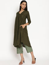 Cotton Linen Dark Green Gathered Kurta Pant Set - trueBrowns
