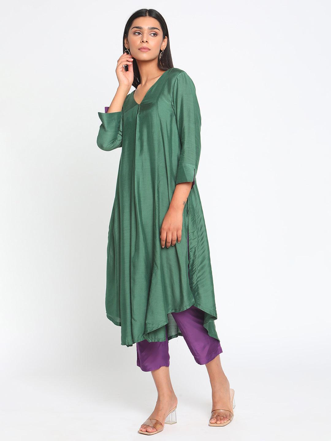 Silk Green Flared Asymmetric kurta Pant Set - trueBrowns