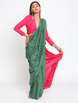 Silk Green Pink Ruffled Ready Pleated Saree - trueBrowns