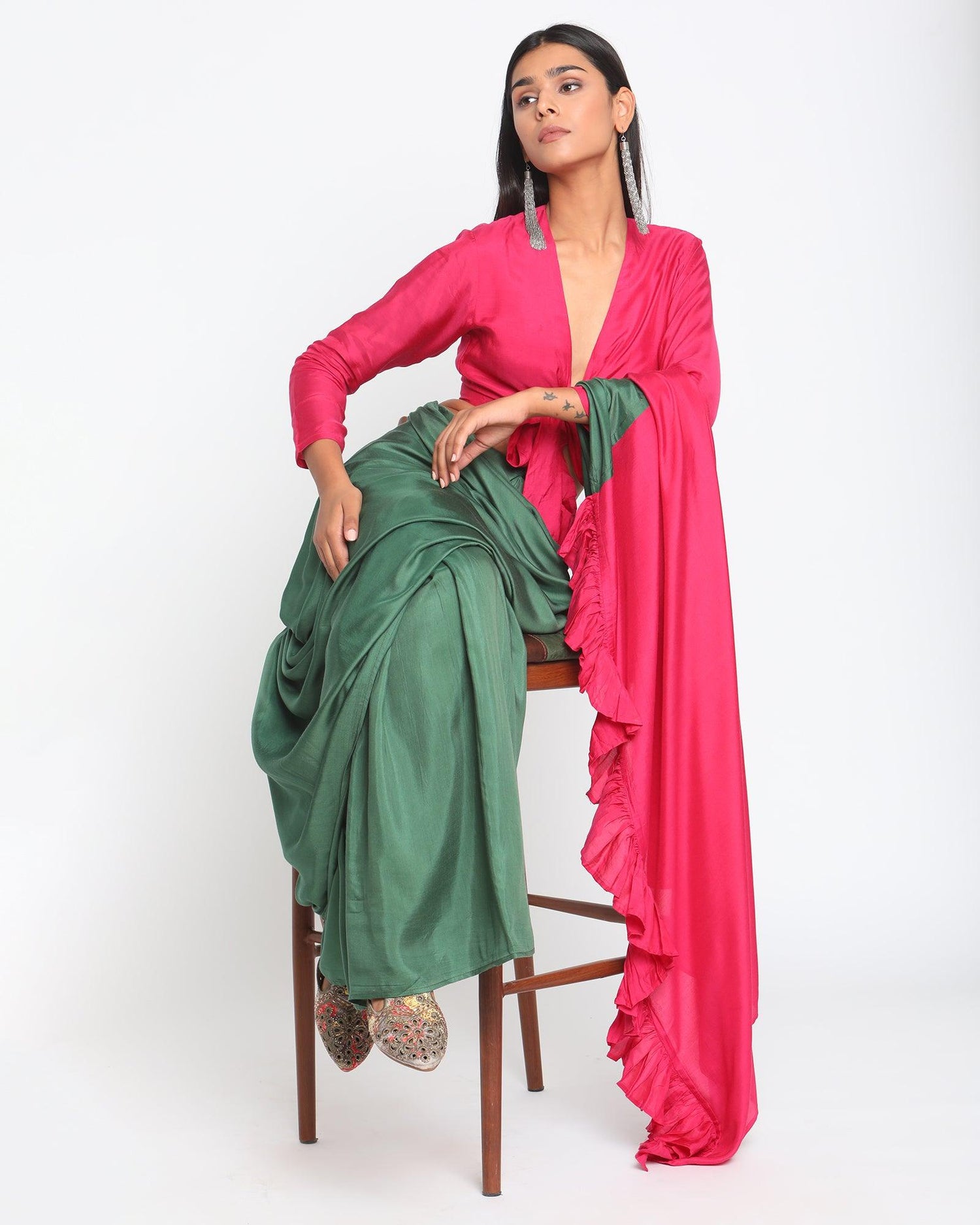 Silk Green Pink Ruffled Ready Pleated Saree - trueBrowns