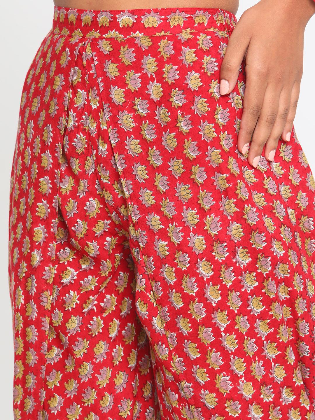 Red Hand Block Printed Silk Dhoti Pant - trueBrowns