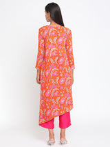 Orange Hand Block Printed Slit Silk Kurta Pant Set - trueBrowns