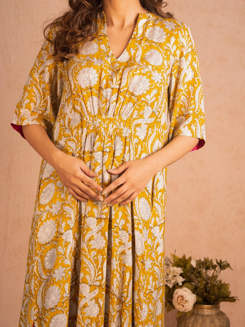 Yellow Hand Block Printed Flared Silk Kurta Dhoti Pant Set - trueBrowns