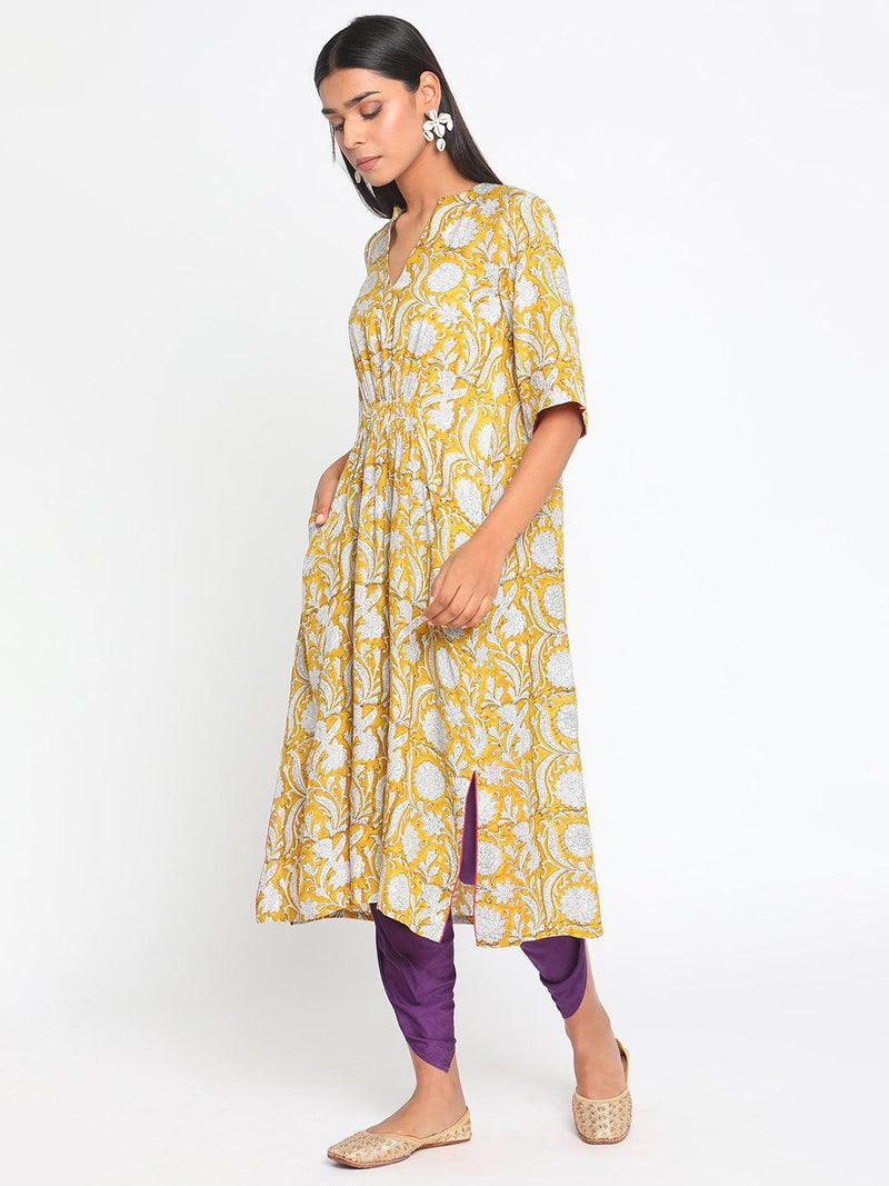 Yellow Hand Block Printed Flared Silk Kurta Dhoti Pant Set - trueBrowns