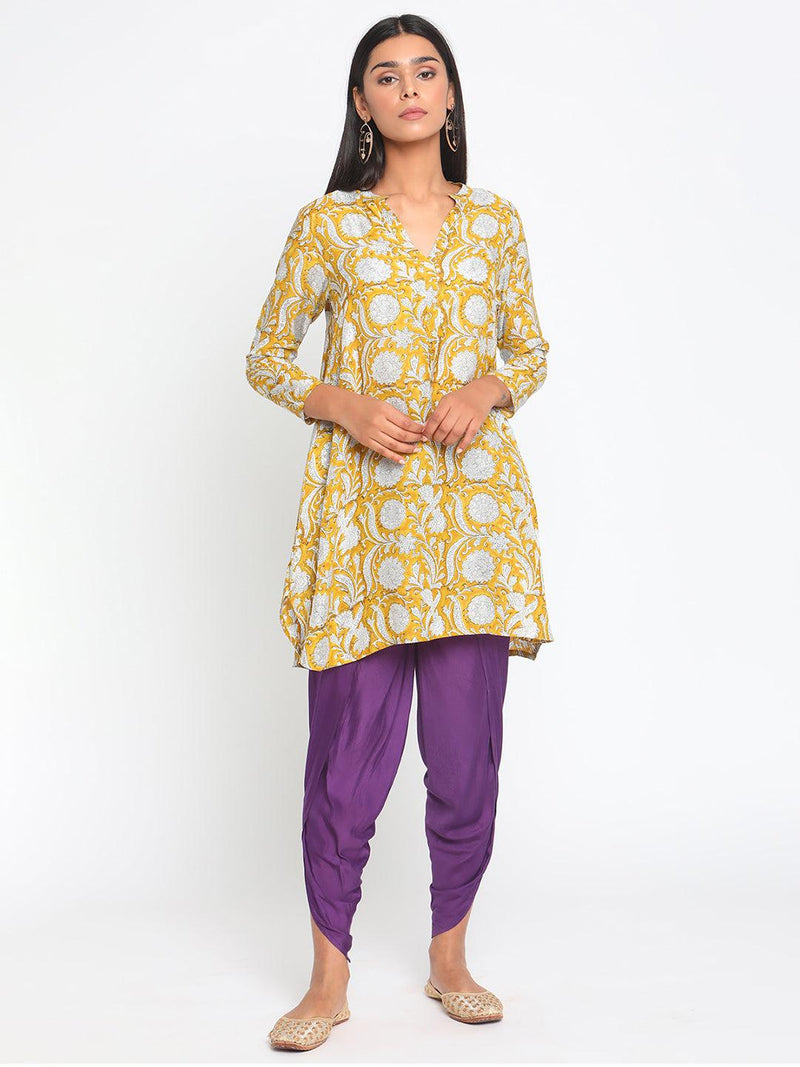 Yellow Hand Block Printed Short Silk Kurta Dhoti Pant Set - trueBrowns