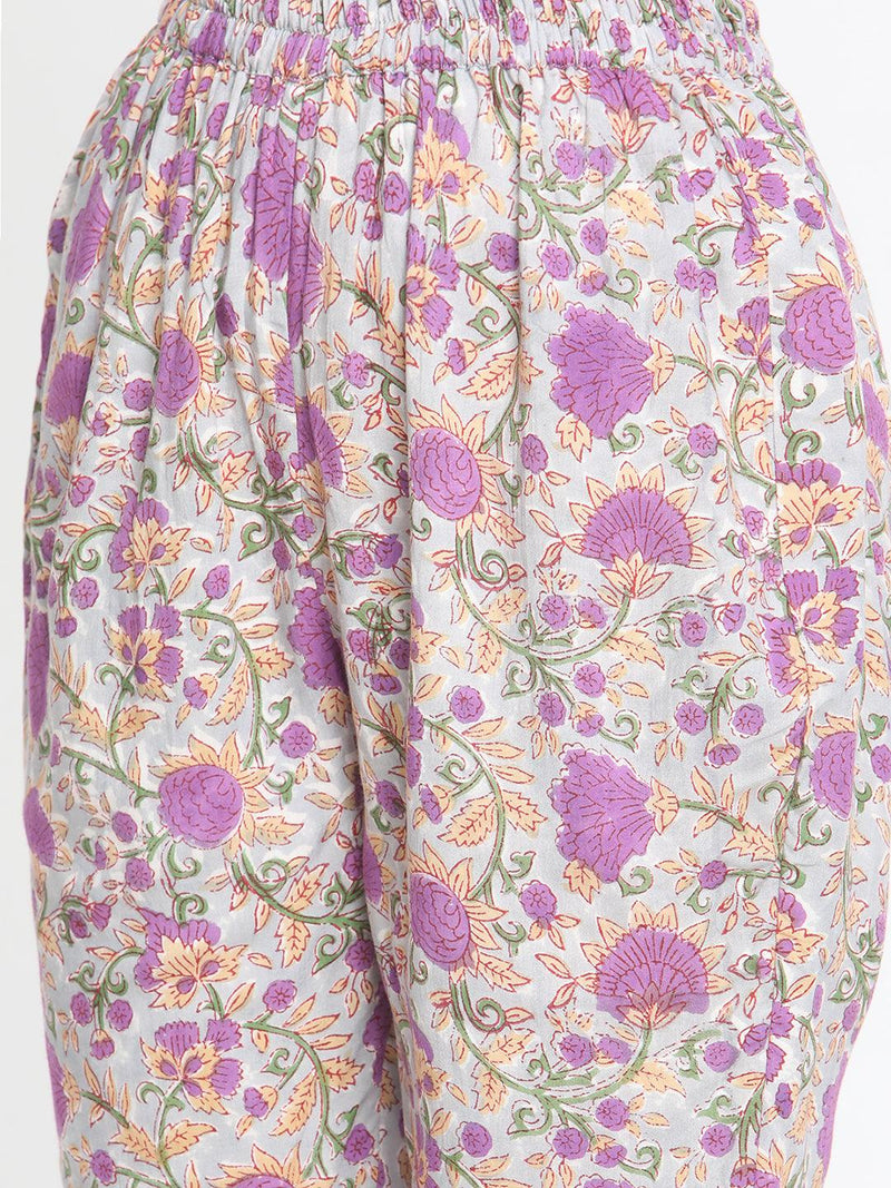Purple Hand Block Printed Flared Silk Kurta Pant Set - trueBrowns