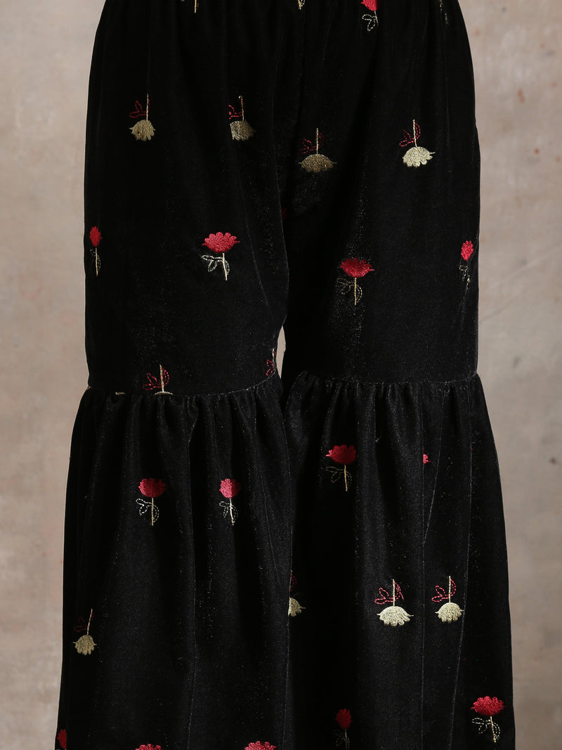 Black Velvet Embroidered Kurta Sharara Set - trueBrowns