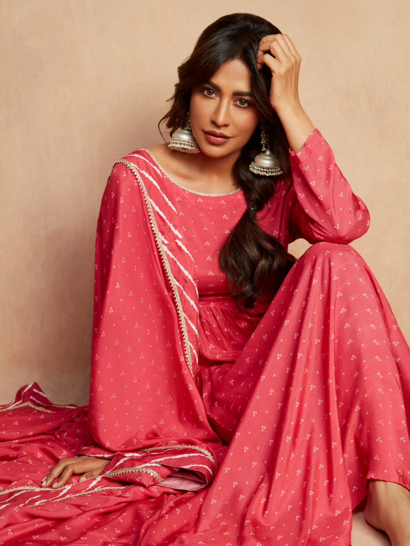 Pink Bandhani Printed Silk Anarkali Kurta Pant Dupatta Set