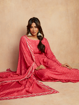 Pink Bandhani Printed Silk Anarkali Kurta Pant Dupatta Set
