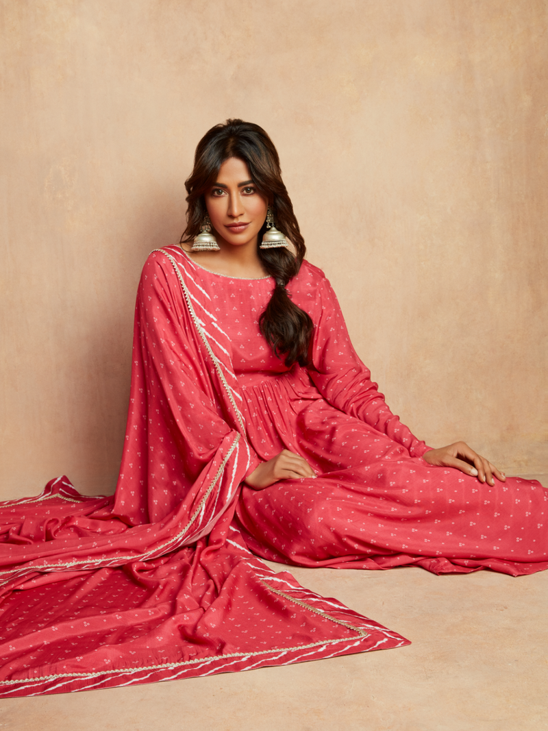 Pink Bandhani Printed Silk Anarkali Kurta Pant Dupatta Set
