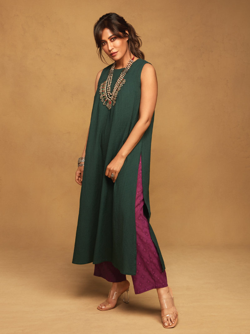 Dark Green Dobby Sleeveless Kurta Pant Set