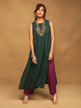 Dark Green Dobby Sleeveless Kurta Pant Set